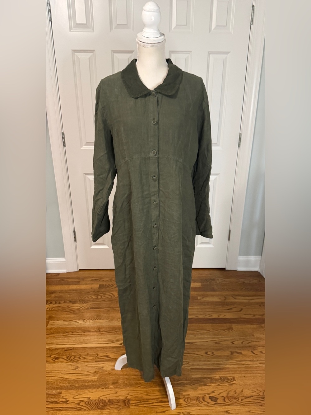 Vtg Two Star Dog Hemp Linen Maxi Shirt Dress L Large Olive Green Button Duster